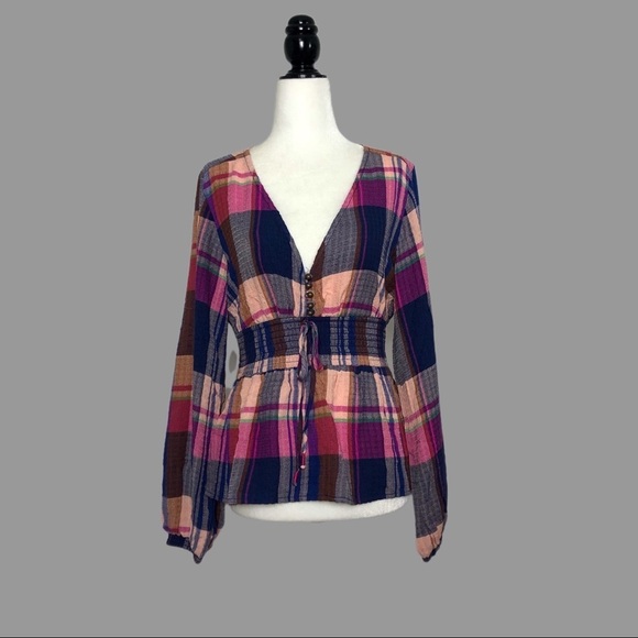💛 XS 💛 NWT Anthro Blouse Plaid Smocked Waist V Neck Buttons Long Sleeves - Picture 1 of 7